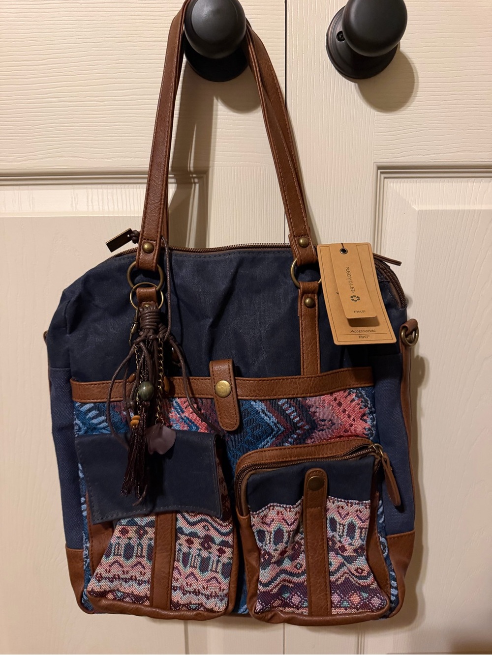 Navy Boho Tote Bag with Brown Trim